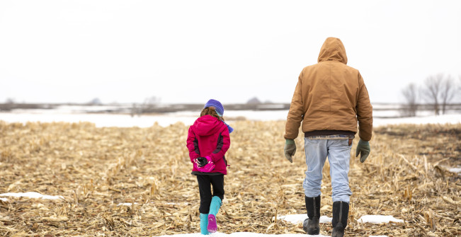 Granddaughter and grandfather in a winter corn field