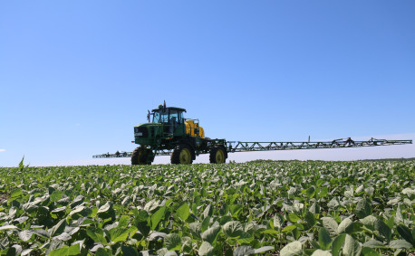 Spray rig spraying soybean crop in Kansas - courtesy of Kansas Soybeans
