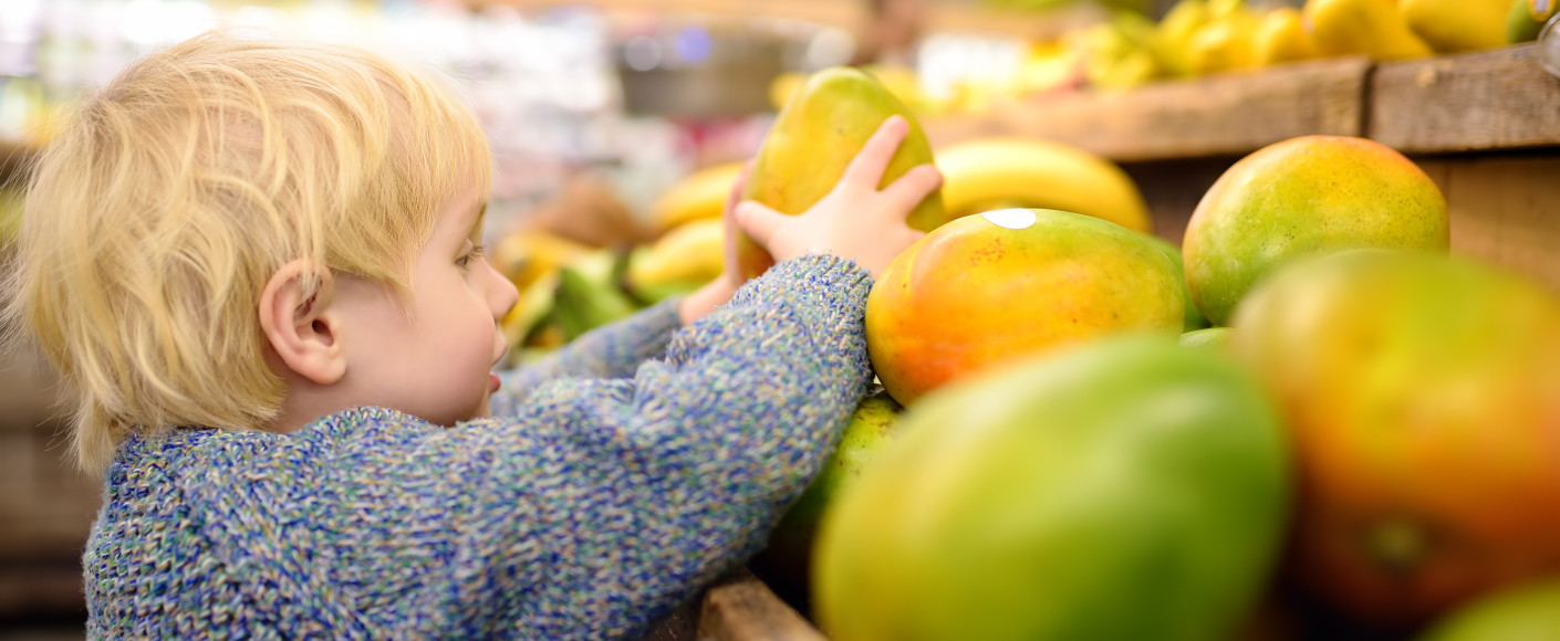 Little boy picking out a ripe mango