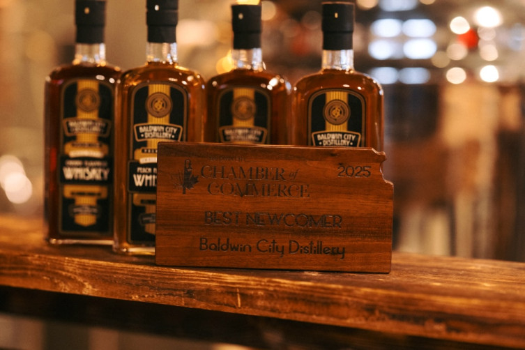 Baldwin City Distillery - Bottles and plaque